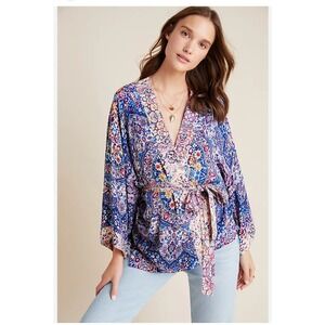 Kachel Anthropologie Blue Floral Tie Front Kimono Top